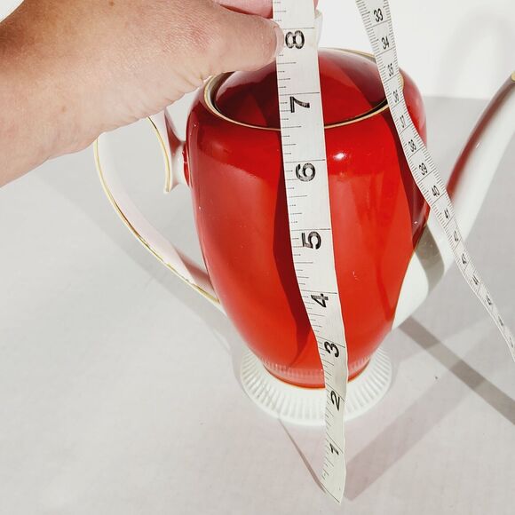 Chodziez Footed Coffee Teapot Red MCM Vtg Poland Ceramic Retro Tall Gold Trim - Picture 15 of 15